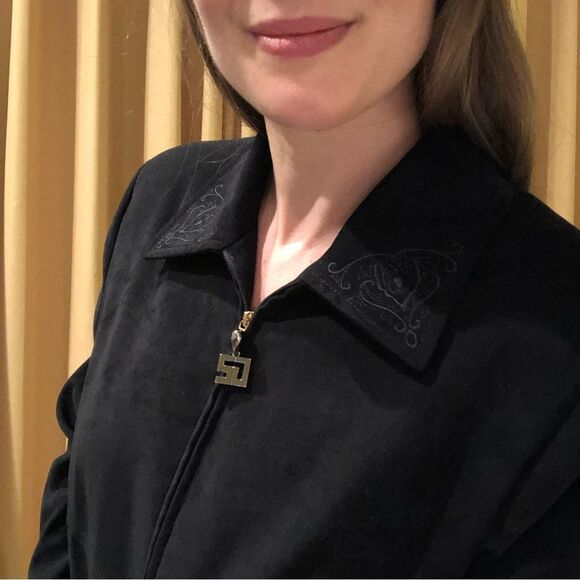 St. John Sport Black Faux Suede Zip Jacket Small Boho Western VTG Y2K Cowgirl - Picture 3 of 16